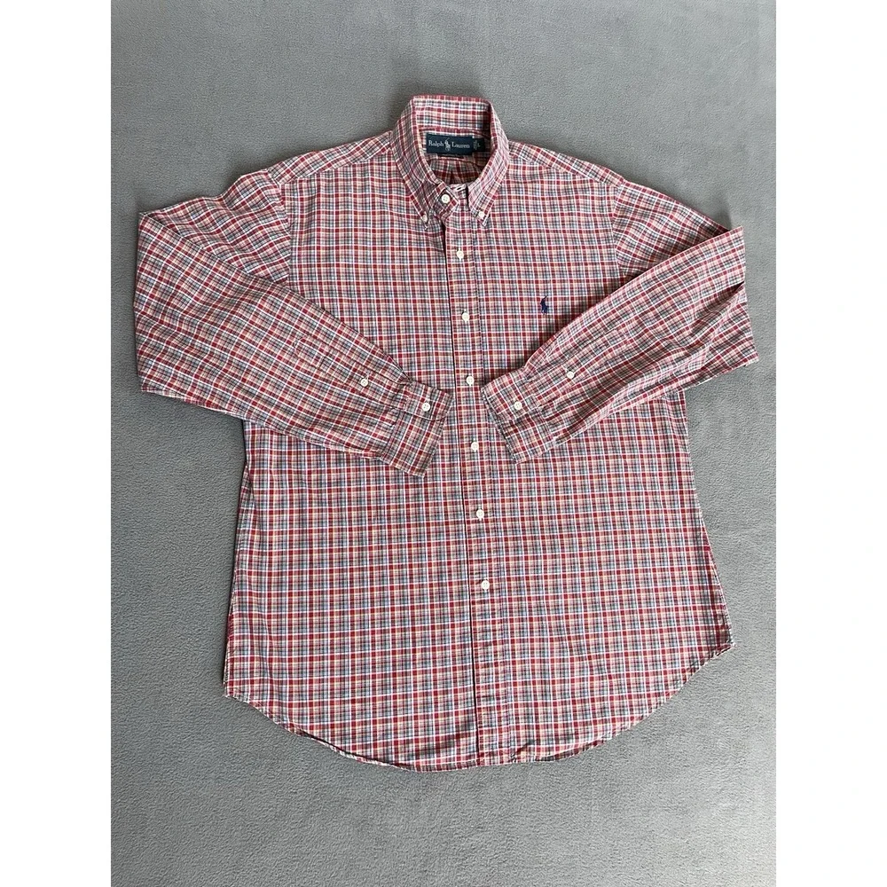Polo‎ Ralph Lauren Custom Fit Red / Green Plaid Mens Button Down Sz Lrg